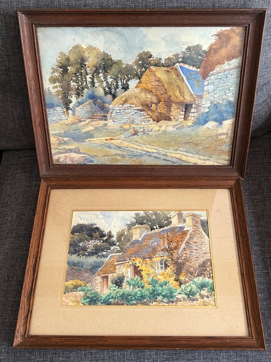 2 Watercolor Paintings Thatched Cottage In The Breton Landes F. Picard 1921