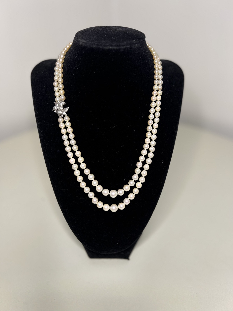 Collier Double Rangs Asymétrique 157 Perles De Culture Fermoir Or Et Diamants 46 Cm