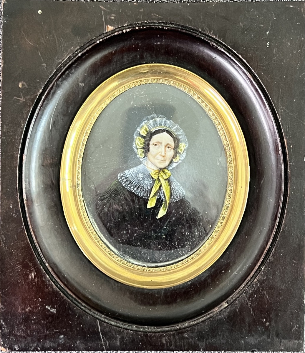 Miniature Painting Portrait Woman 19th Century-photo-2