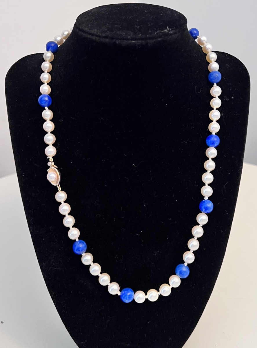 Collier Chocker 59 Perles De Culture Akoya Et Lapis Lazuli Fermoir Or 50 Cm-photo-3
