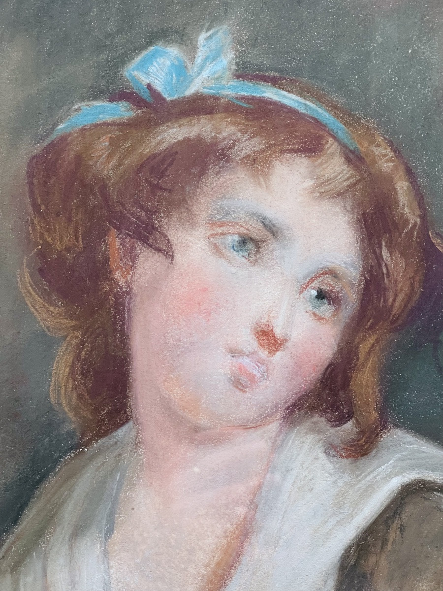 PORTRAIT Jeune Femme au noeud bleu PASTEL 19 EME SIÈCLE PEINTURE -photo-2