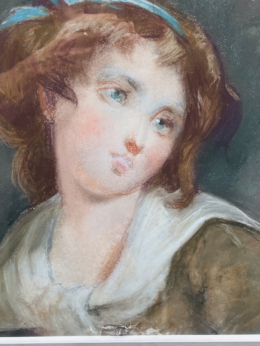 PORTRAIT Jeune Femme au noeud bleu PASTEL 19 EME SIÈCLE PEINTURE -photo-3