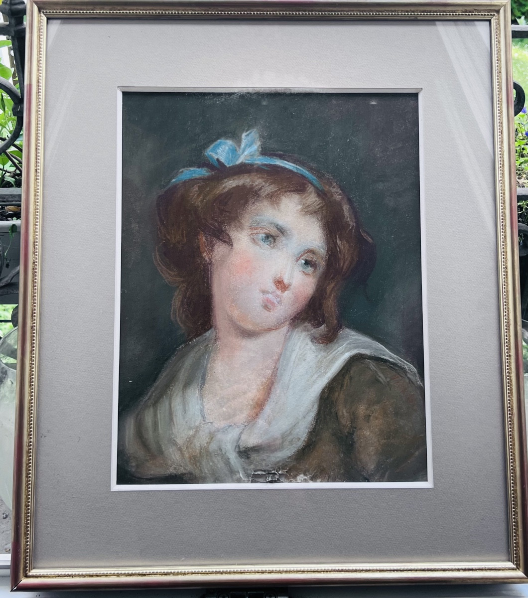 PORTRAIT Jeune Femme au noeud bleu PASTEL 19 EME SIÈCLE PEINTURE 