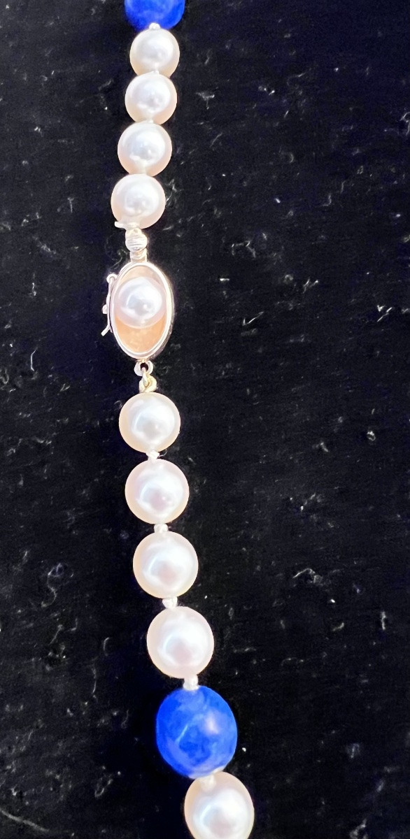 Chocker Necklace 59 Akoya Cultured Pearls And Lapis Lazuli Gold Clasp 50 Cm-photo-3