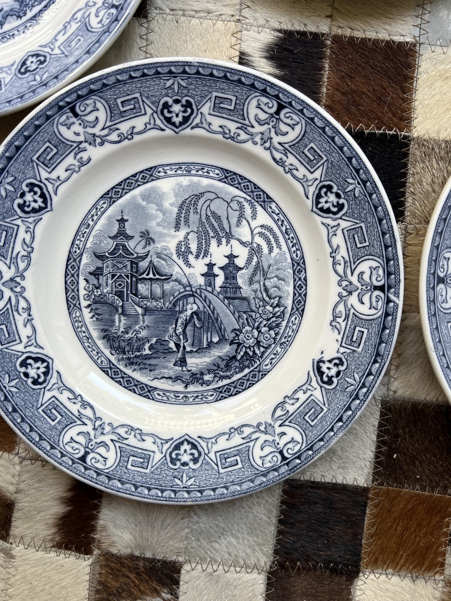 Suite De 8 Assiettes En Faïence De Sarregumines Modèle Yeddo XIX eme siècle-photo-2