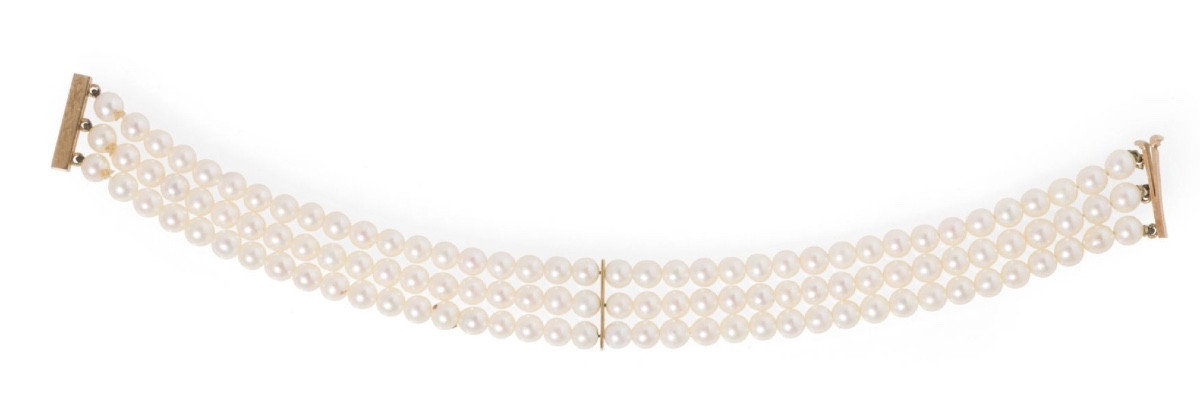 3-row Akoya Cultured Pearl Bracelet 18k Gold Setting 18.5 Cm