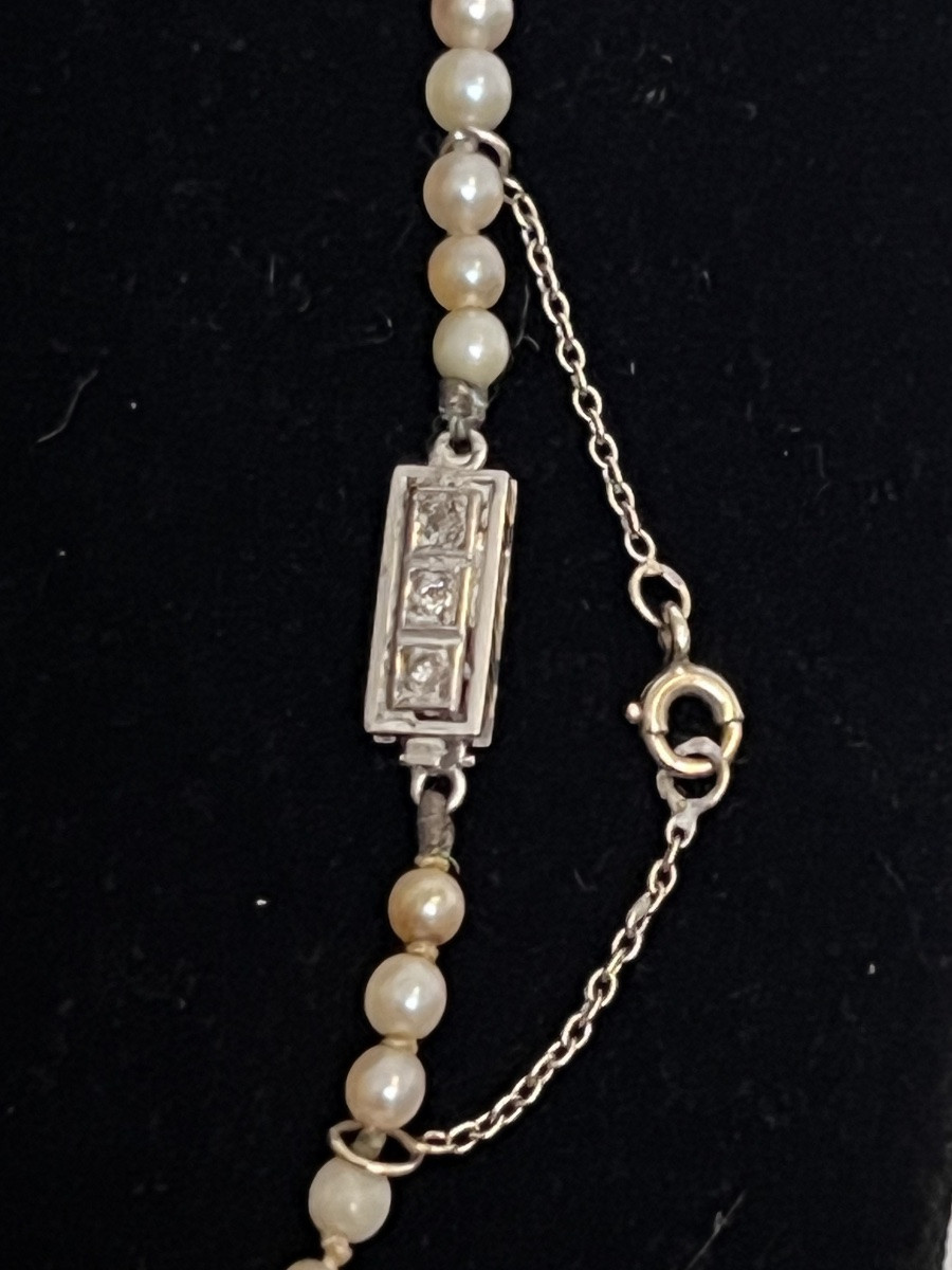 Collier 95 Perles De Culture Fine ? En Chute art deco Fermoir Or 18k Et Diamants 45 Cm-photo-3