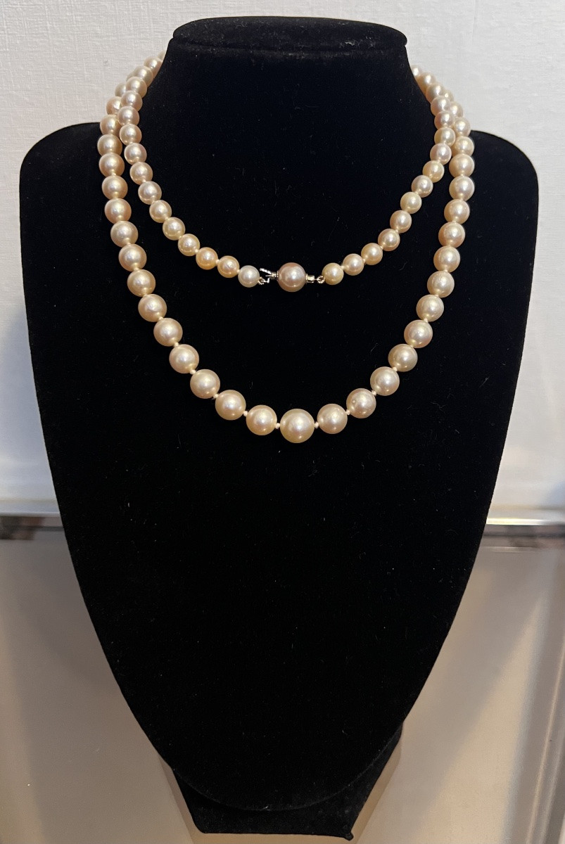 Grand collier 93 perles de culture en chute fermoir perle et or 18K 74 cm-photo-2