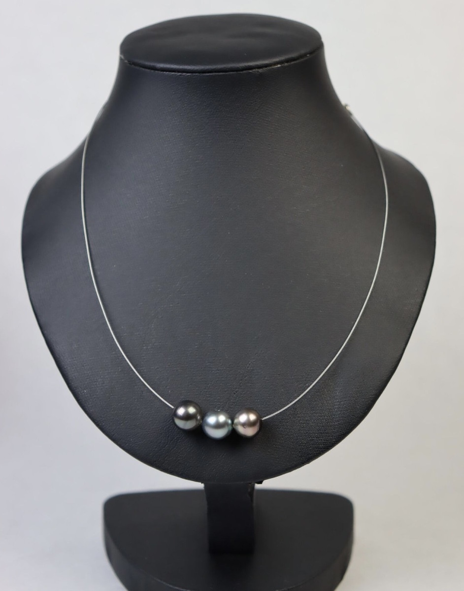 Necklace With 3 Tahitian Pearls, 9 Mm, 925 Sterling Silver