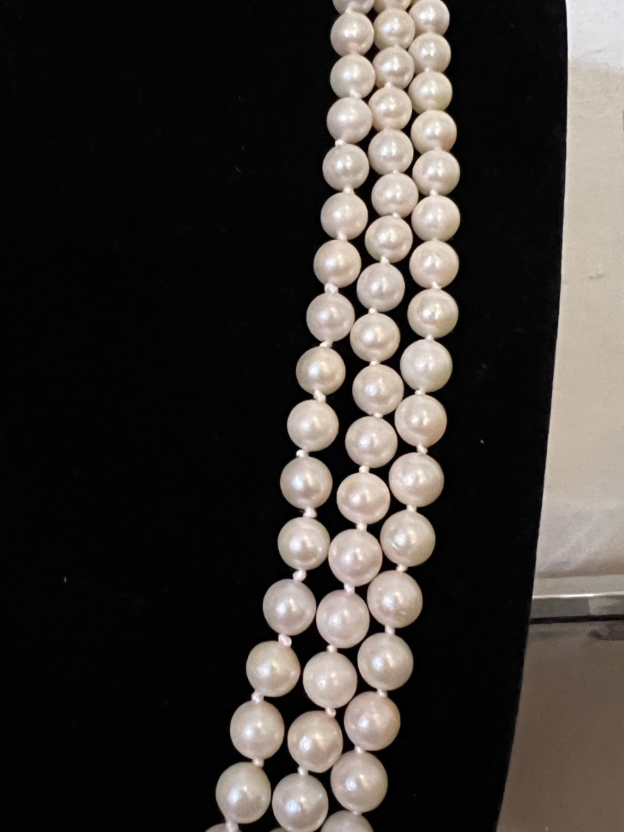Collier 3 rangs perles de culture fermoir argent et 8 brillants 52 cm-photo-3