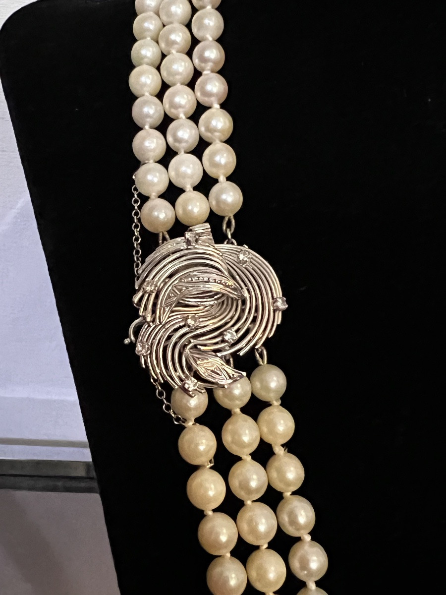 Collier 3 rangs perles de culture fermoir argent et 8 brillants 52 cm-photo-4