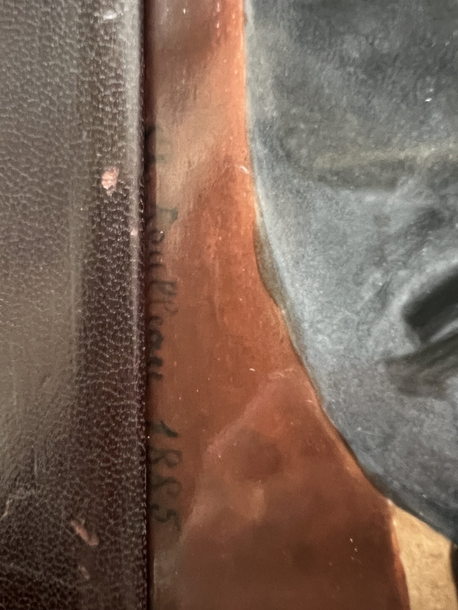 Plaque porcelaine de Sèvres cadre en cuir art nouveau Amélia Roulleau 19 eme portrait homme -photo-2