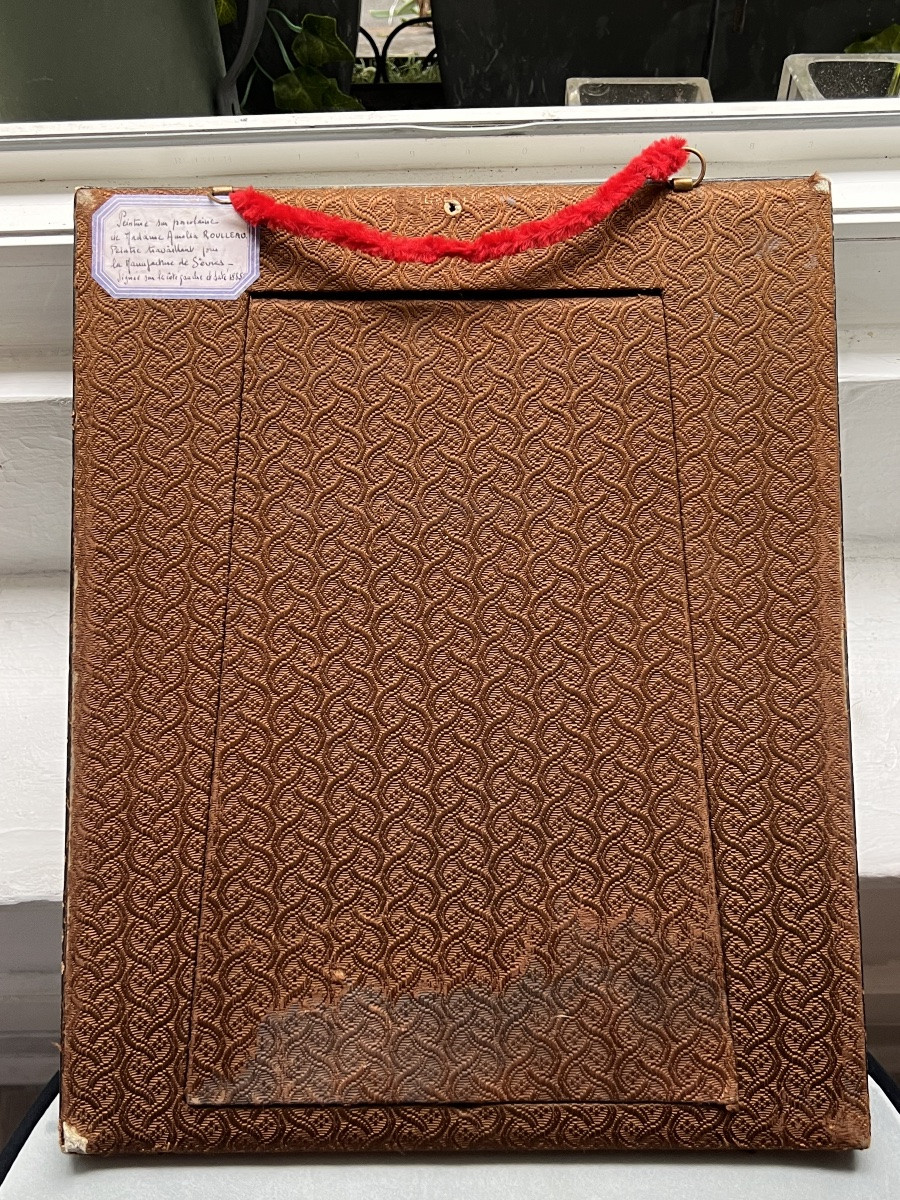 Plaque porcelaine de Sèvres cadre en cuir art nouveau Amélia Roulleau 19 eme portrait homme -photo-3