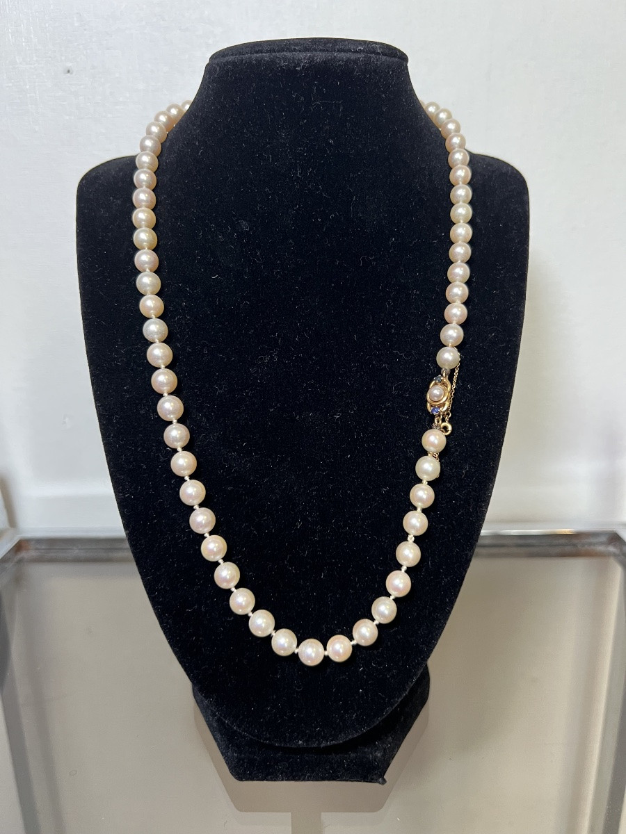 Collier choker 63 perles de culture fermoir or 18k et saphir 54,5 CM-photo-2