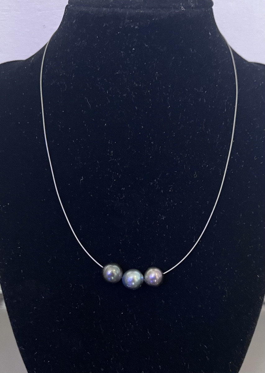 Necklace With 3 Tahitian Pearls, 9 Mm, 925 Sterling Silver