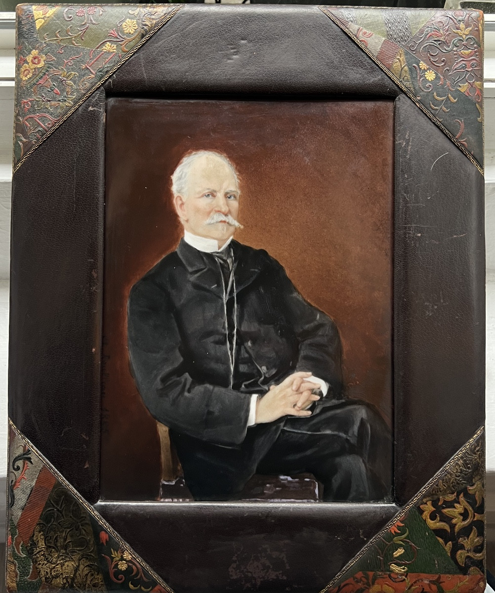 Sèvres Porcelain Plaque, Art Nouveau Leather Frame, Amélia Roulleau, 19th Century, Portrait Of A Man