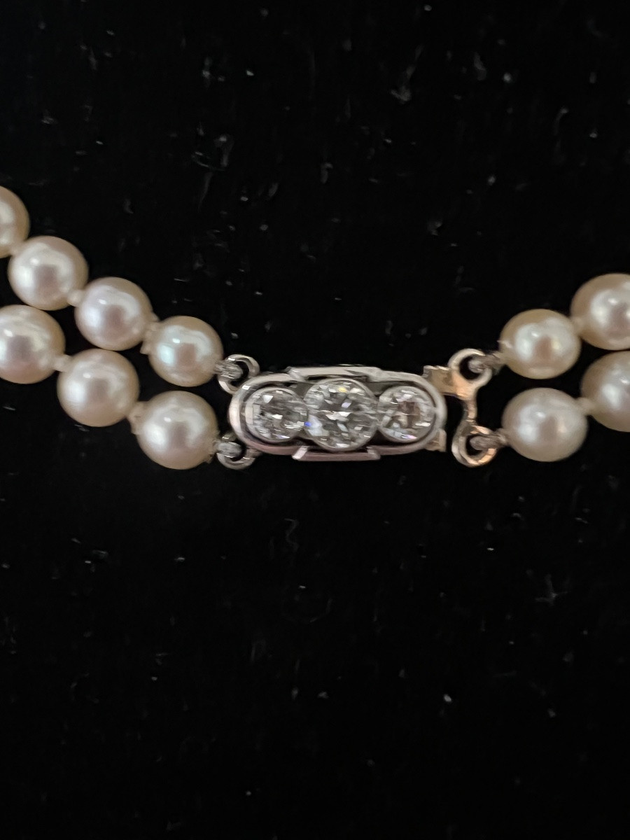 Collier 2 rangs 104 perles de culture en chute fermoir or platine diamants 39 cm-photo-4