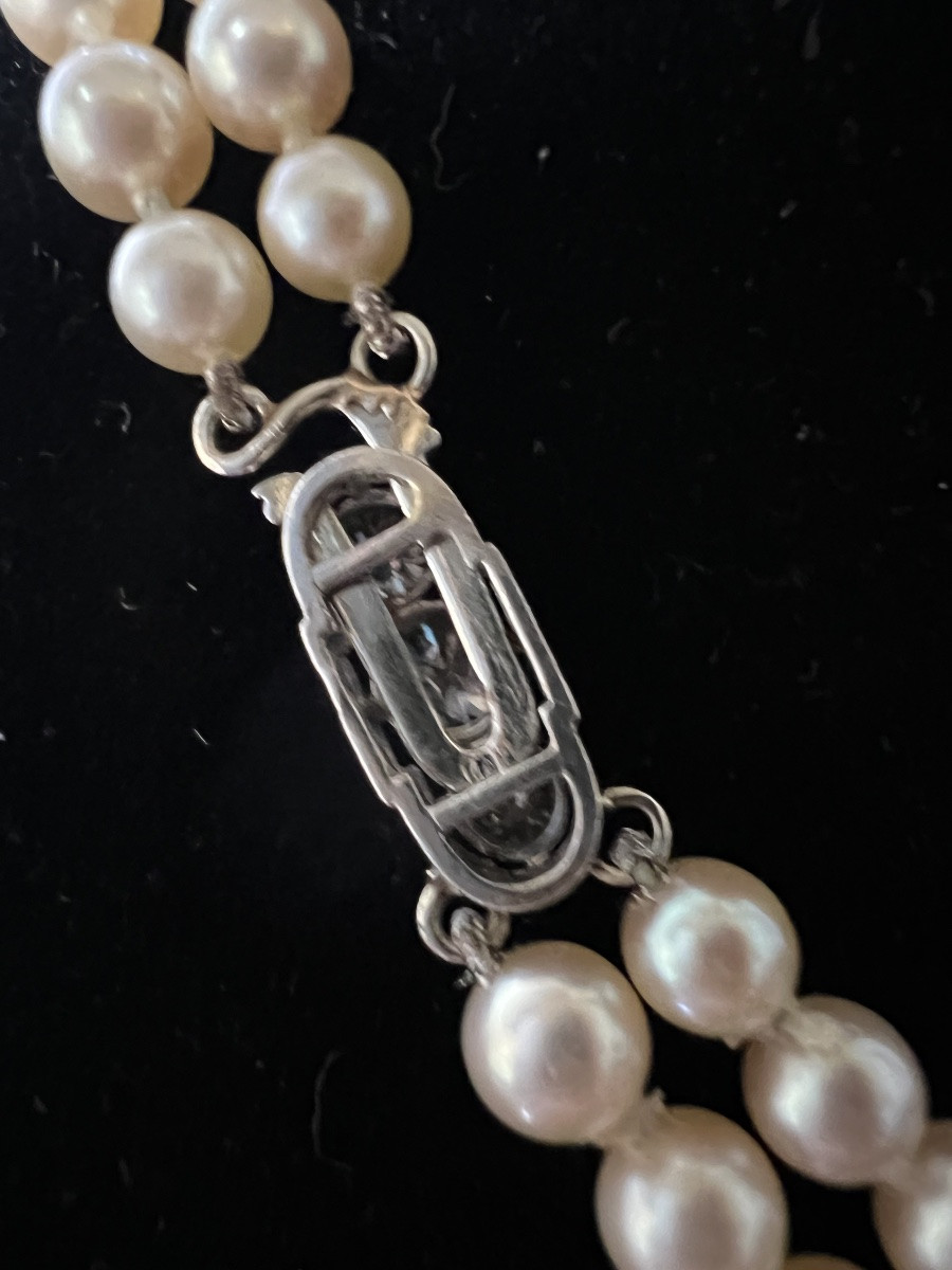 Collier 2 rangs 104 perles de culture en chute fermoir or platine diamants 39 cm-photo-5