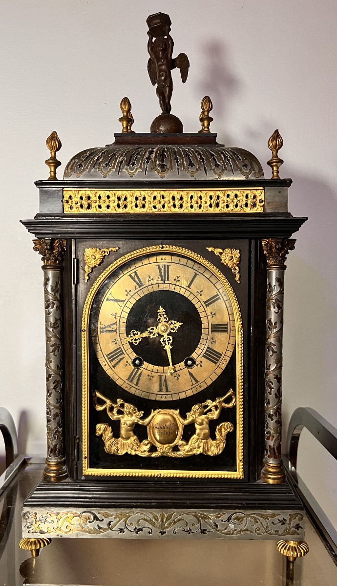 Cartel pendule religieuse XIX eme siècle marqueterie boulle Bailly