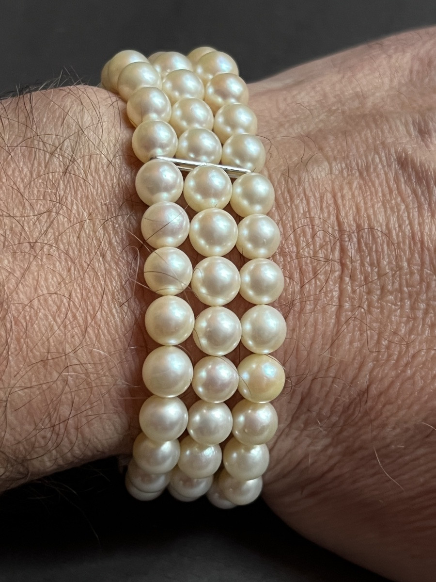 Bracelet 3 rangs de perles de culture AKOYA fermoir OR 18K  19 cm-photo-2
