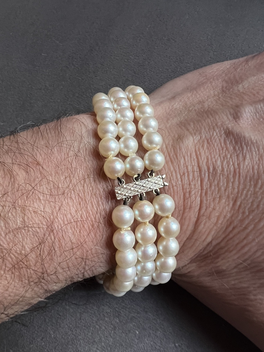 Bracelet 3 rangs de perles de culture AKOYA fermoir OR 18K  19 cm-photo-3