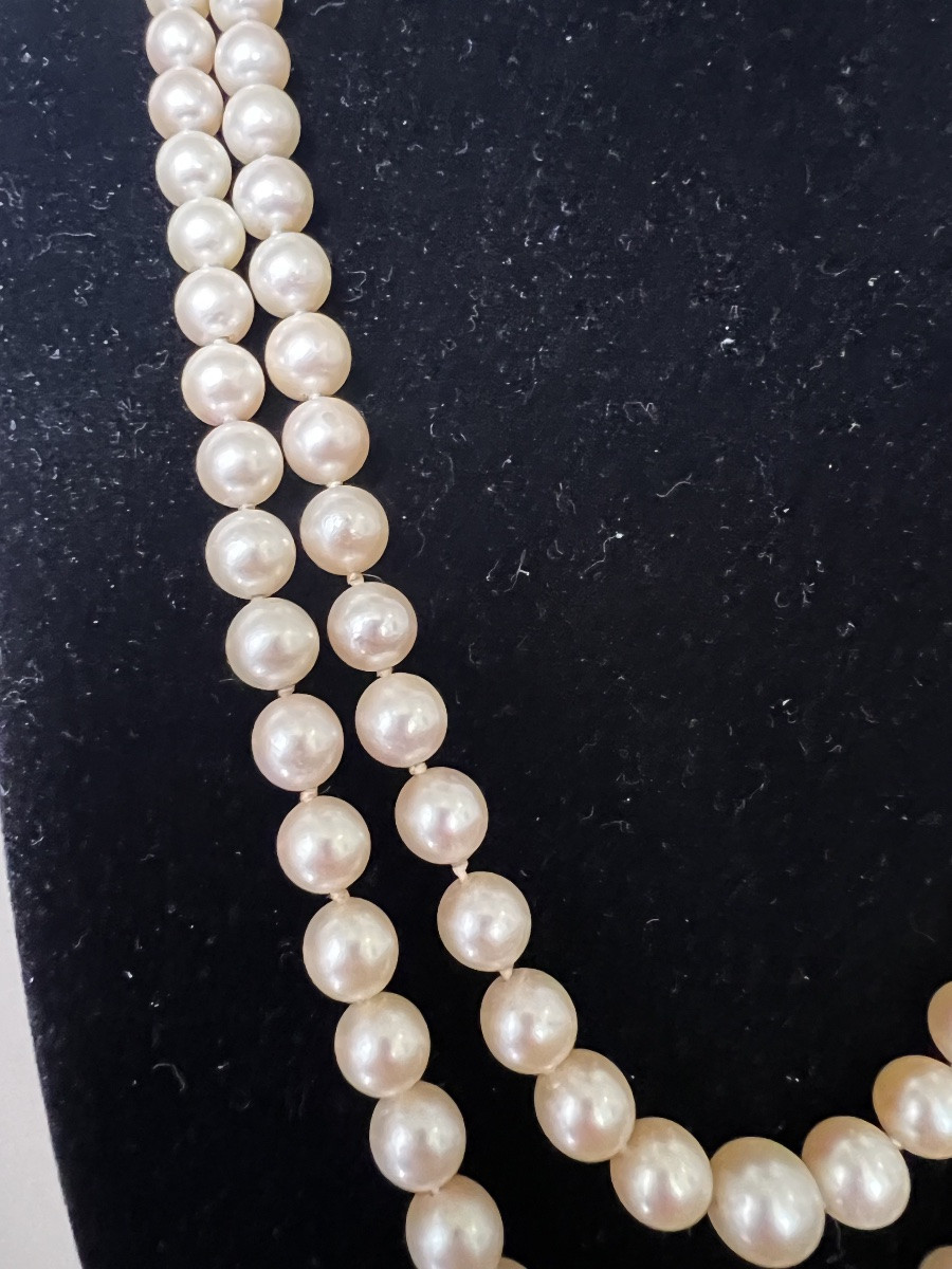 Collier double rangs 134 perles de culture AKOYA fermoir or grenats diamants 48 cm-photo-2