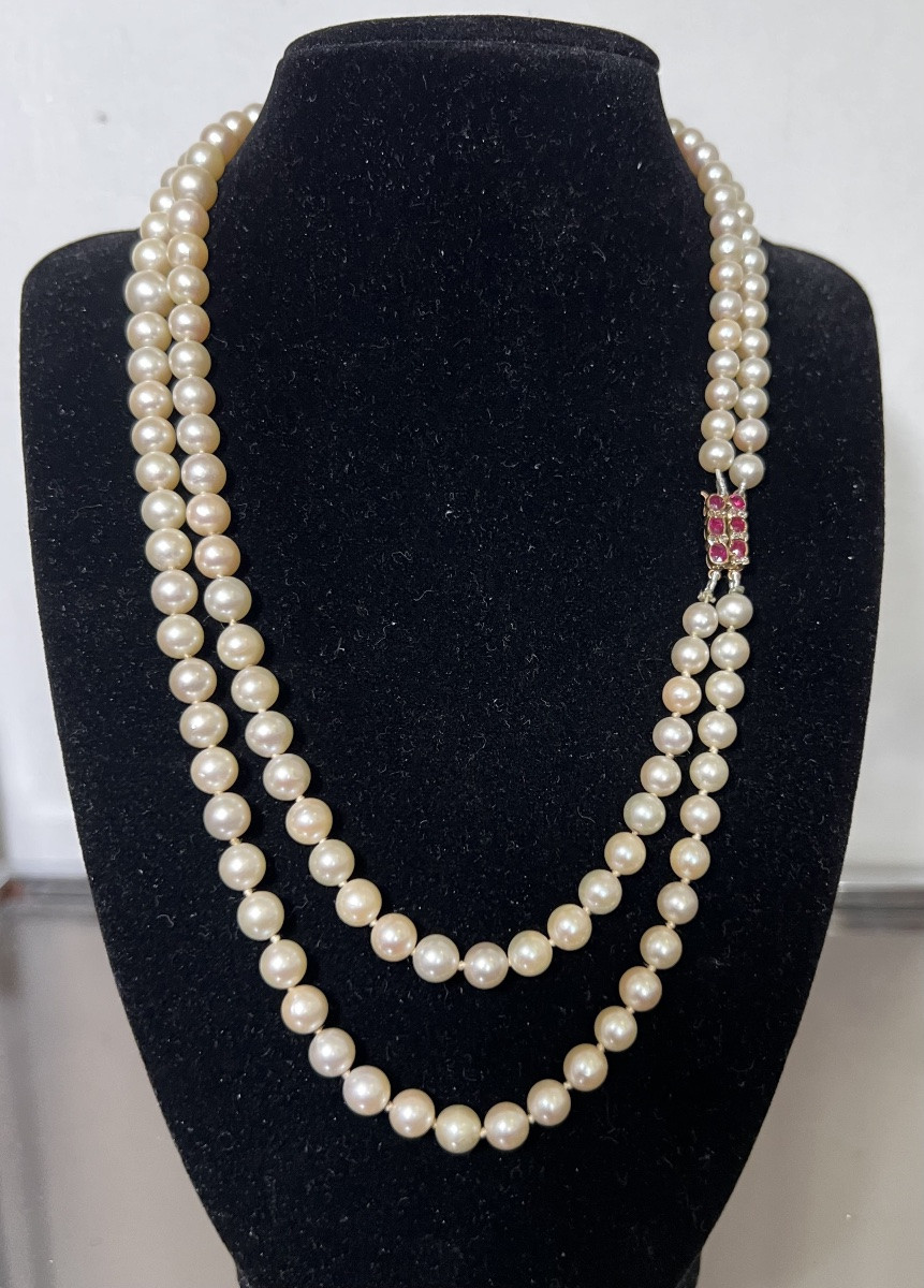 Collier double rangs 134 perles de culture AKOYA fermoir or grenats diamants 48 cm-photo-3