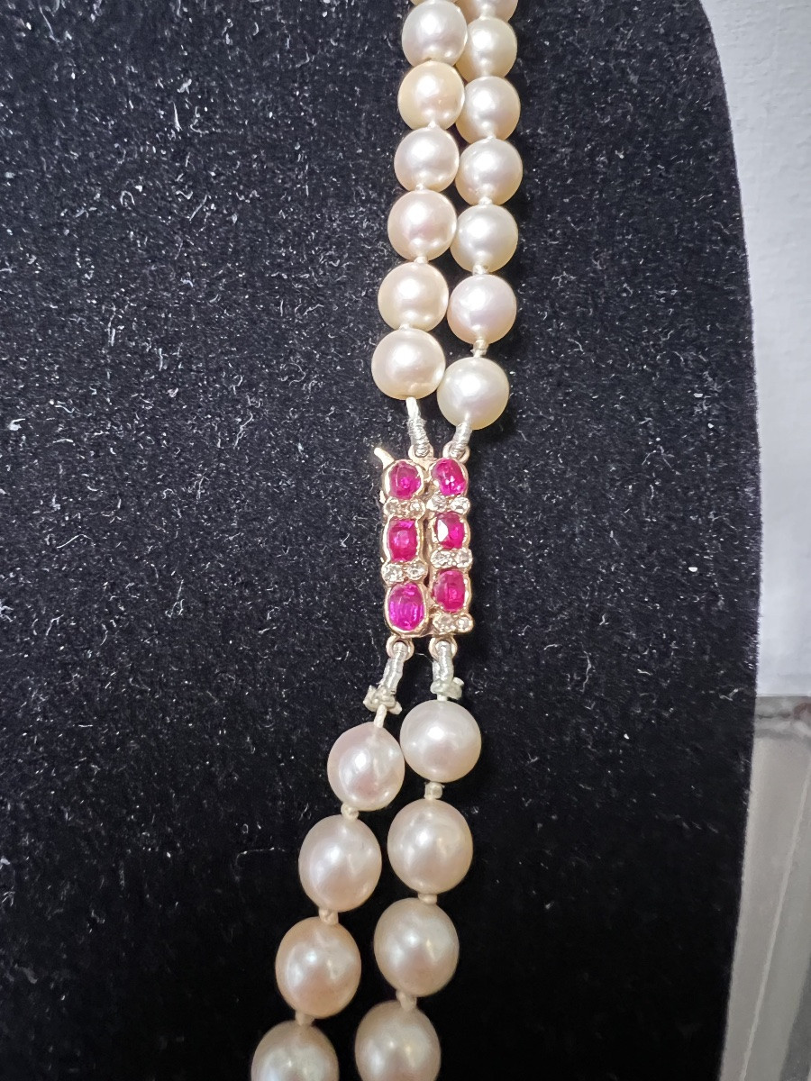 Collier double rangs 134 perles de culture AKOYA fermoir or grenats diamants 48 cm-photo-4
