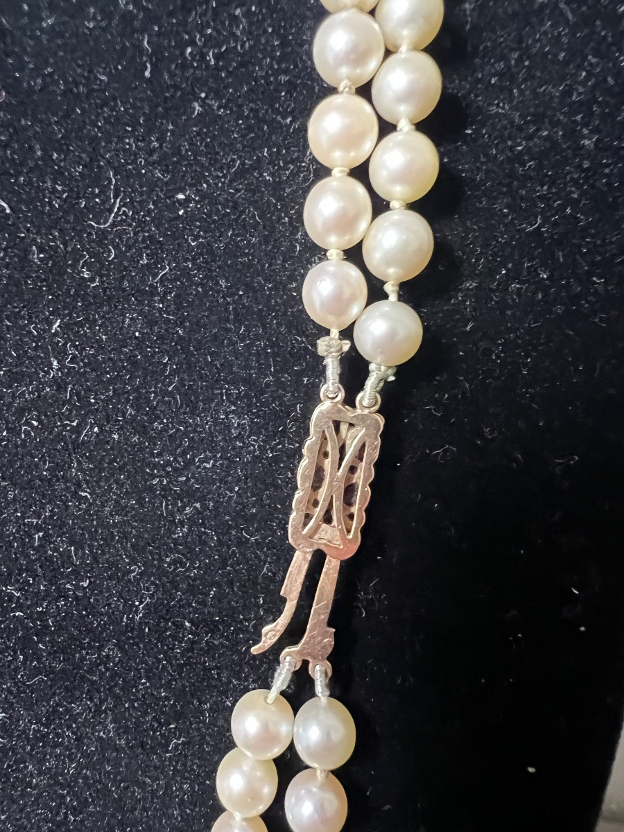 Collier double rangs 134 perles de culture AKOYA fermoir or grenats diamants 48 cm-photo-1