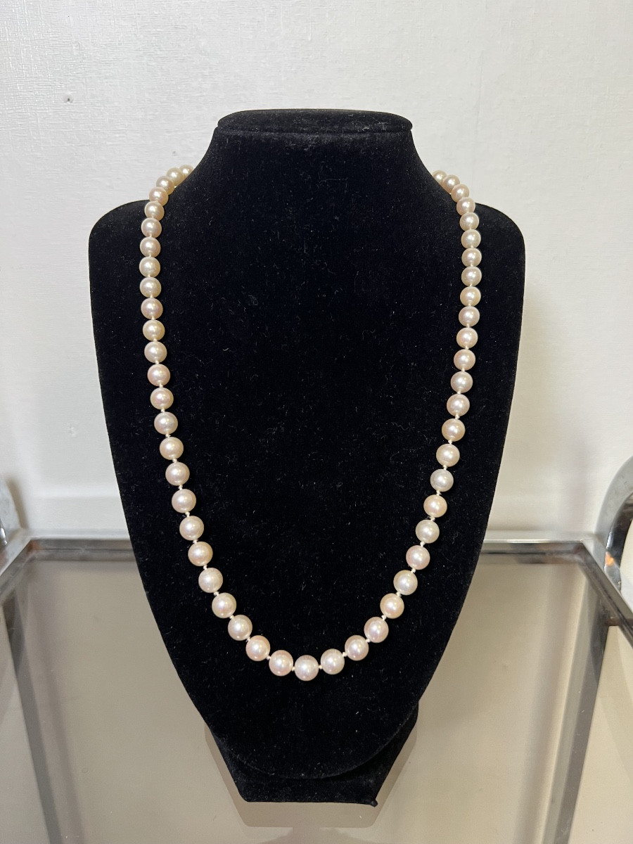 Collier choker 63 perles de culture fermoir or 18k et saphir 54,5 CM