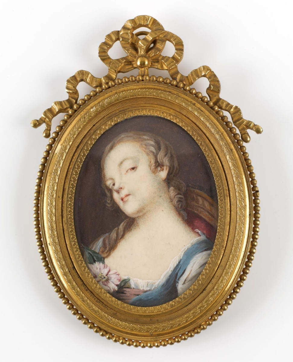 Portrait miniature sur ivoire jeune fille peinture debut 19 eme siecle