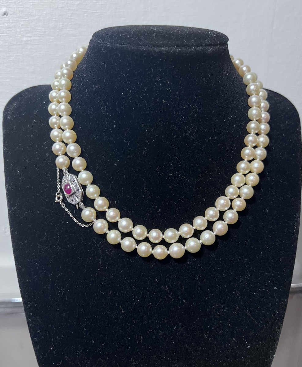 Necklace Art Deco Chocker Sautoir 97 Cultured Pearls Clasp 18k Gold Diamonds Ruby 77 Cm-photo-4
