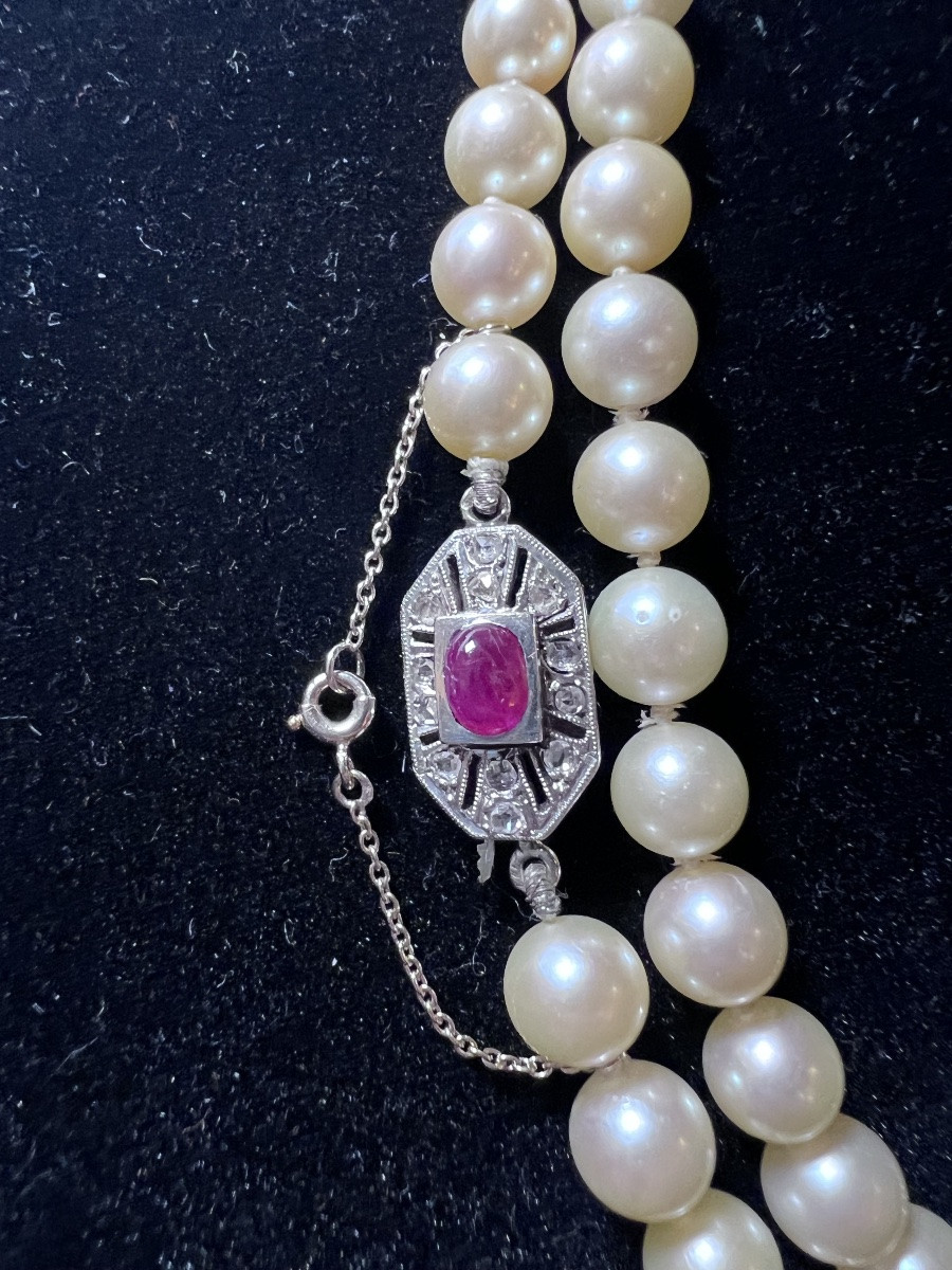 Necklace Art Deco Chocker Sautoir 97 Cultured Pearls Clasp 18k Gold Diamonds Ruby 77 Cm-photo-1