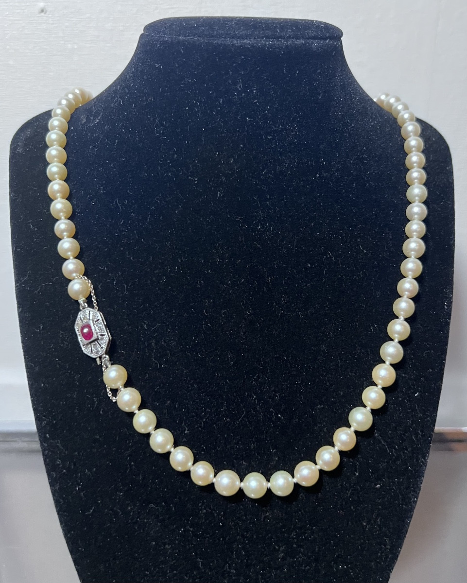 Necklace Art Deco Chocker Sautoir 97 Cultured Pearls Clasp 18k Gold Diamonds Ruby 77 Cm