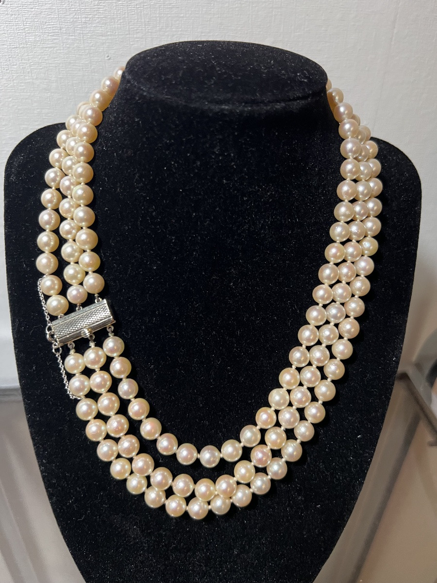 Necklaces 3 Rows 164 Cultured Pearls Akoya Important Clasp 18k Gold 42 Cm-photo-3