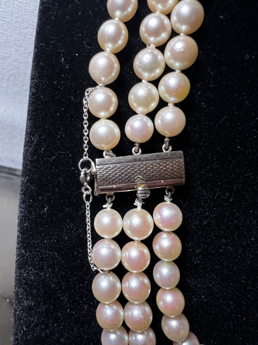 Necklaces 3 Rows 164 Cultured Pearls Akoya Important Clasp 18k Gold 42 Cm-photo-4