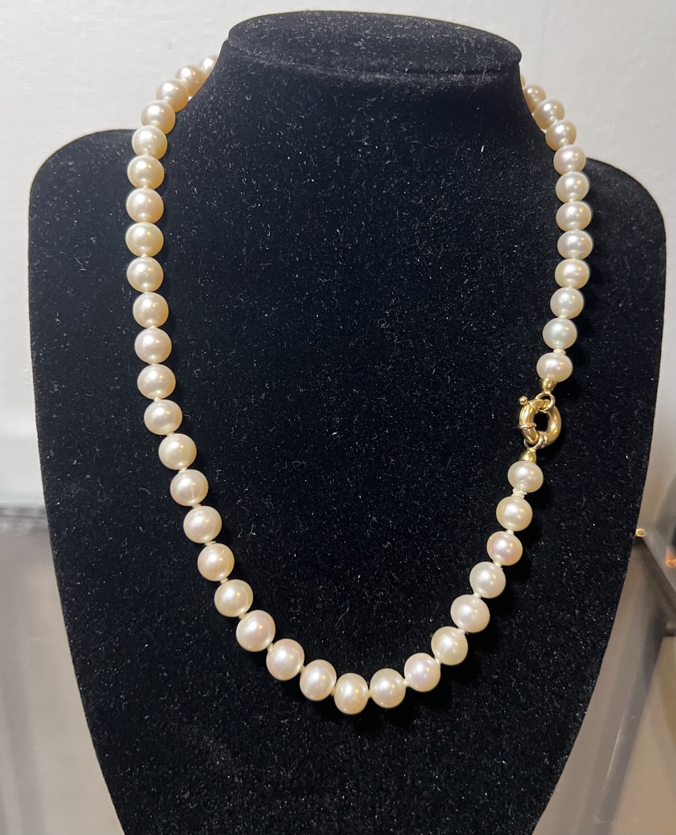 Collier choker 52 perles rondes de culture grand fermoir or 18K 46 cm-photo-3