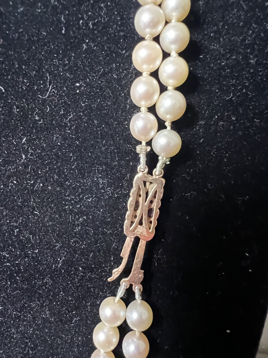 Collier double rangs 134 perles de culture AKOYA fermoir or grenats diamants 48 cm-photo-1