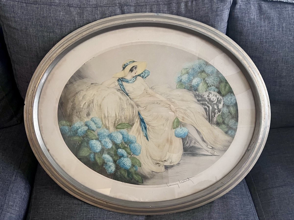 Estampe Louis Icart, « les Hortensias » portrait art nouveau art deco-photo-1