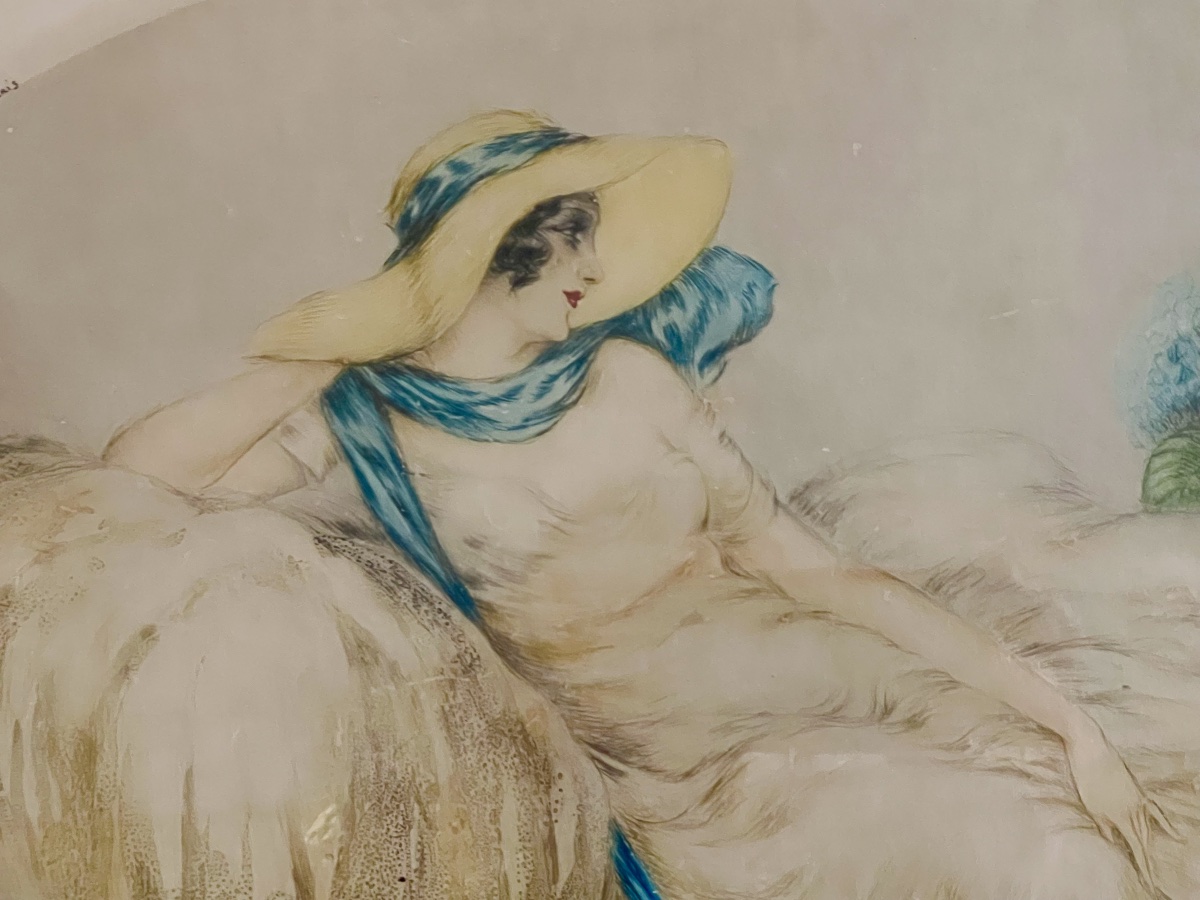 Estampe Louis Icart, « les Hortensias » portrait art nouveau art deco