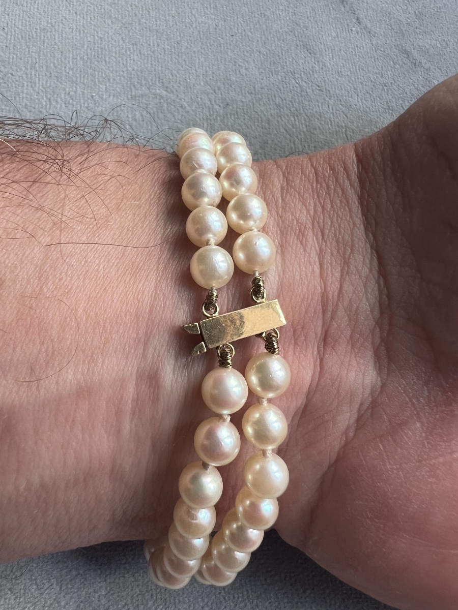 Bracelet 2 rangs de perles de culture Akoya barrettes et fermoir or 18K 19 cm-photo-2