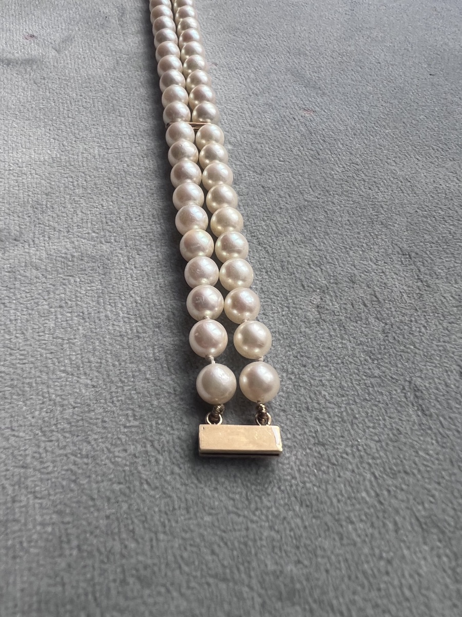 Bracelet 2 rangs de perles de culture Akoya barrettes et fermoir or 18K 19 cm-photo-3