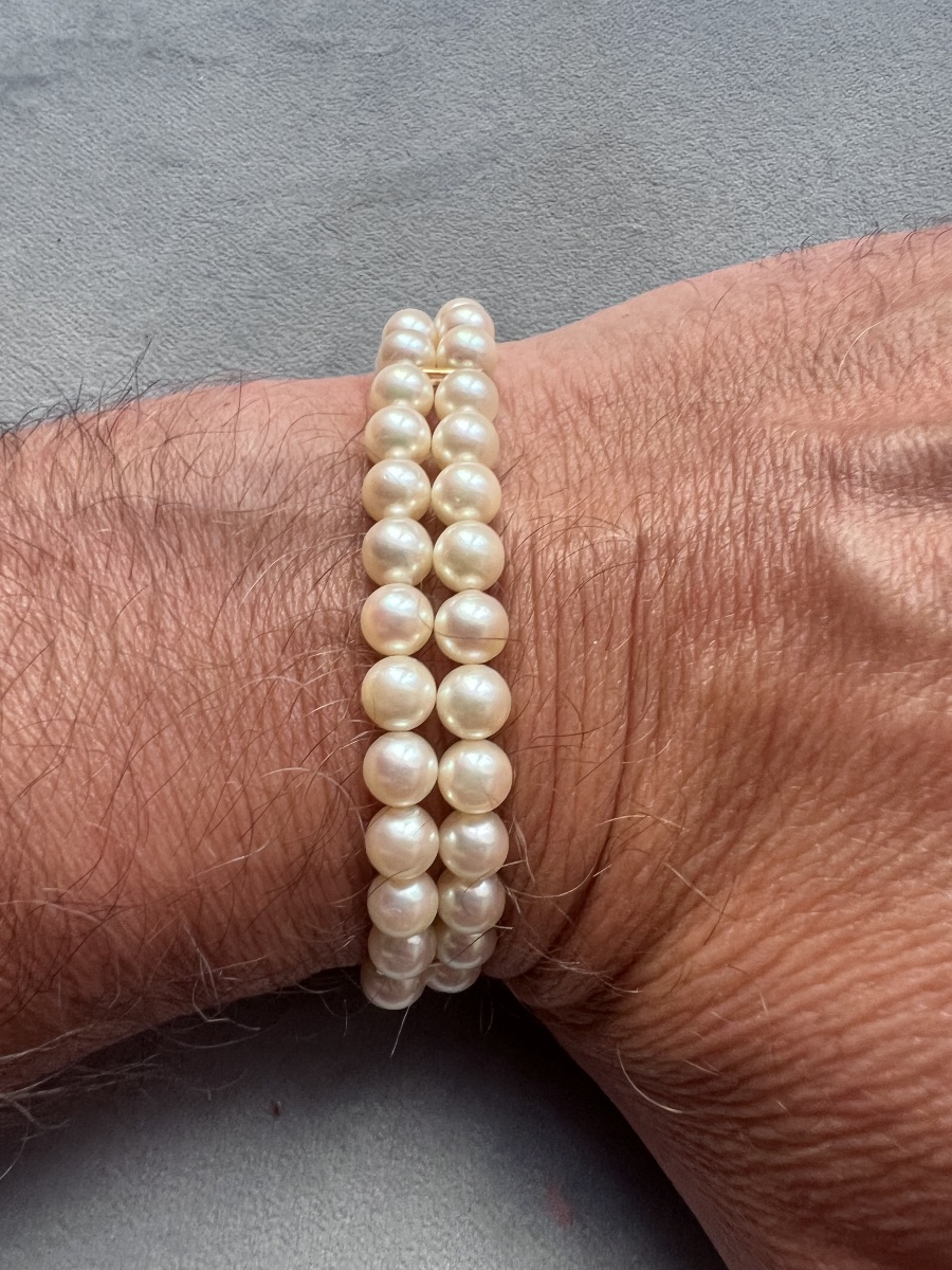 Bracelet 2 rangs de perles de culture Akoya barrettes et fermoir or 18K 19 cm-photo-4