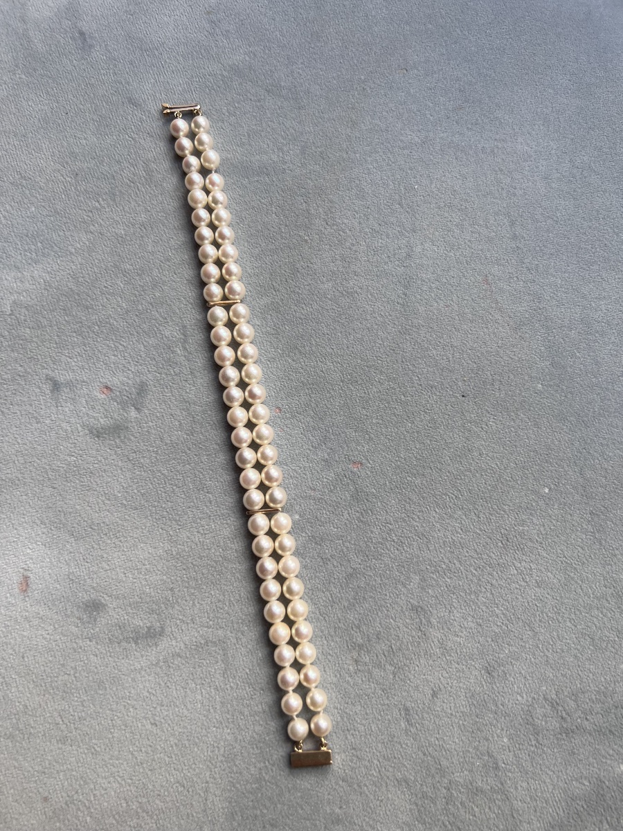 Bracelet 2 rangs de perles de culture Akoya barrettes et fermoir or 18K 19 cm