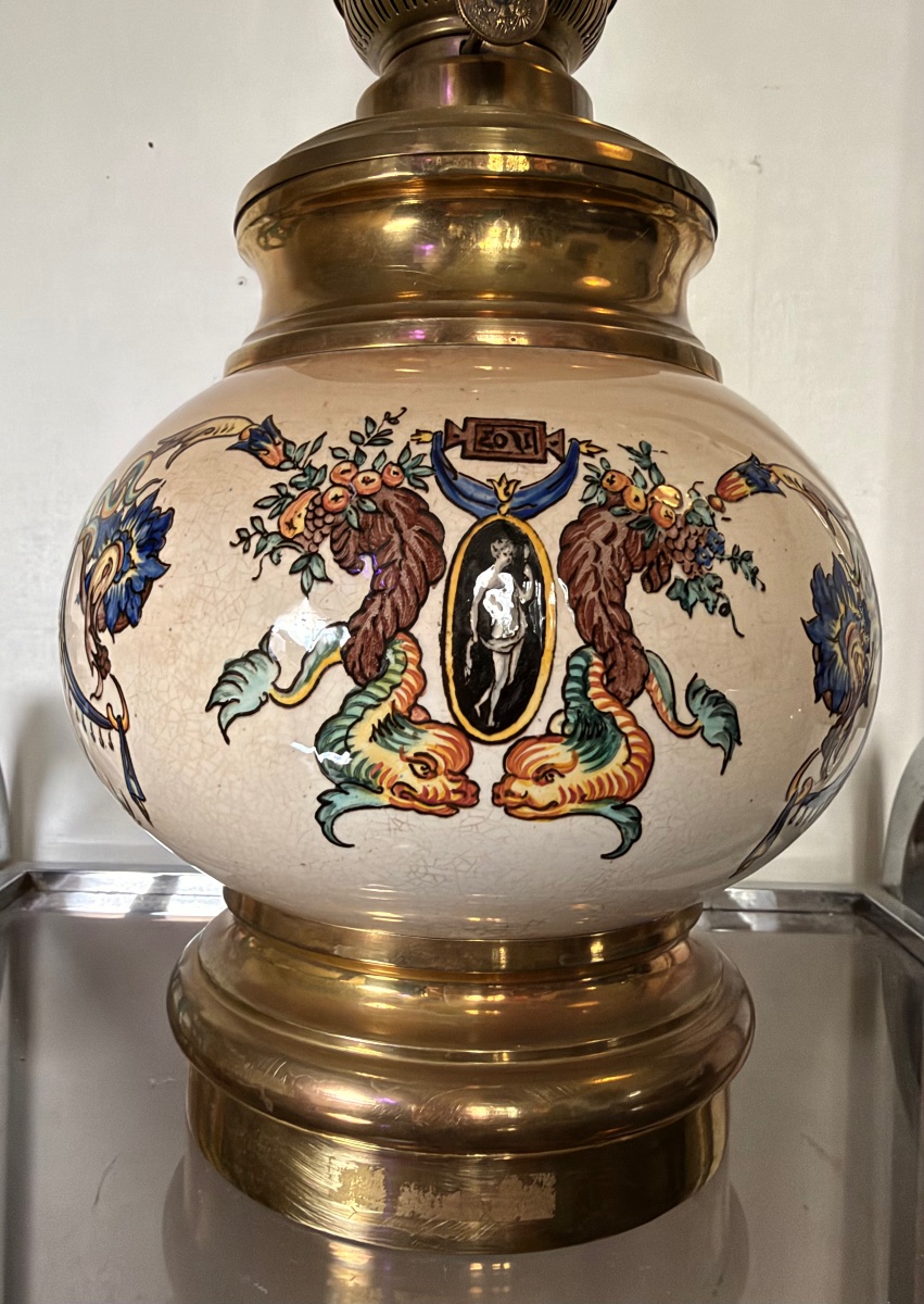 Lampe à pétrole faience de gien 19 eme siècle-photo-2