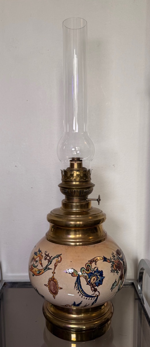 Lampe à pétrole faience de gien 19 eme siècle