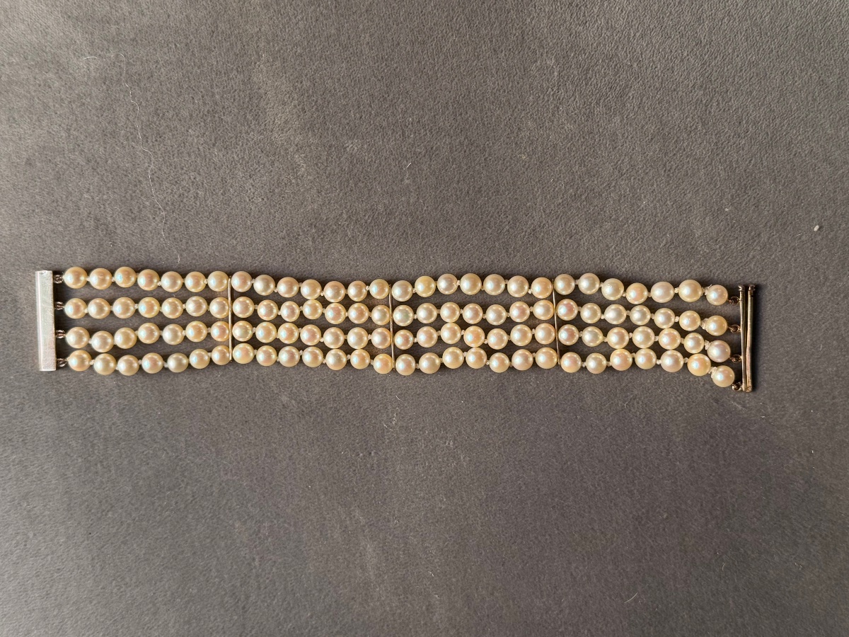 Bracelet 4 rangs perles de culture fermoir et 3 barrettes en or 18K 17,5 cm-photo-2
