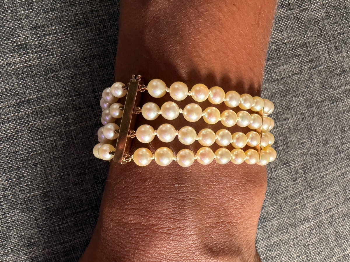 Bracelet 4 rangs perles de culture fermoir et 3 barrettes en or 18K 17,5 cm