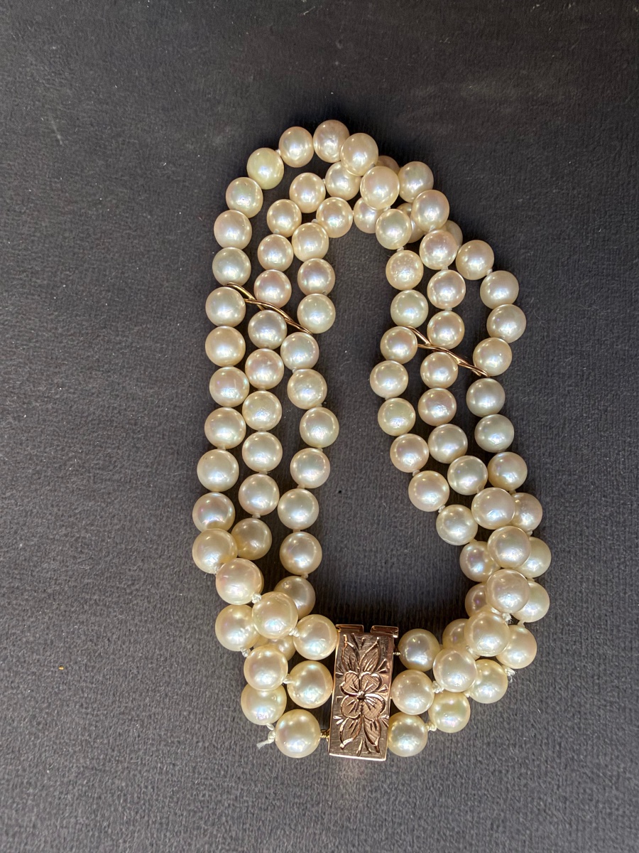 3-row Cultured Pearl Bracelet With 18k Gold Clasp And 2 Bars, 20 Cm-photo-2