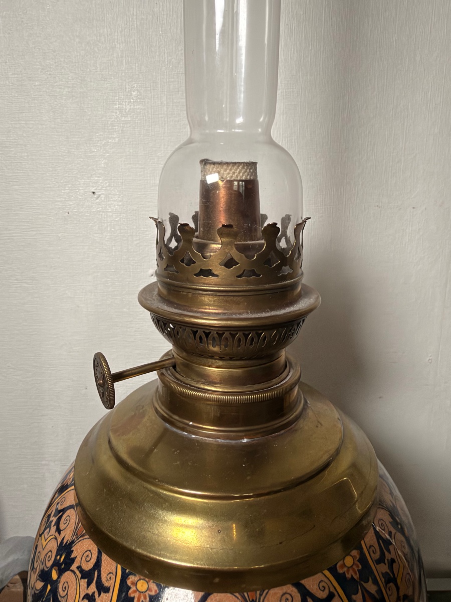 Lampe à pétrole faience de gien 19 eme siècle-photo-1